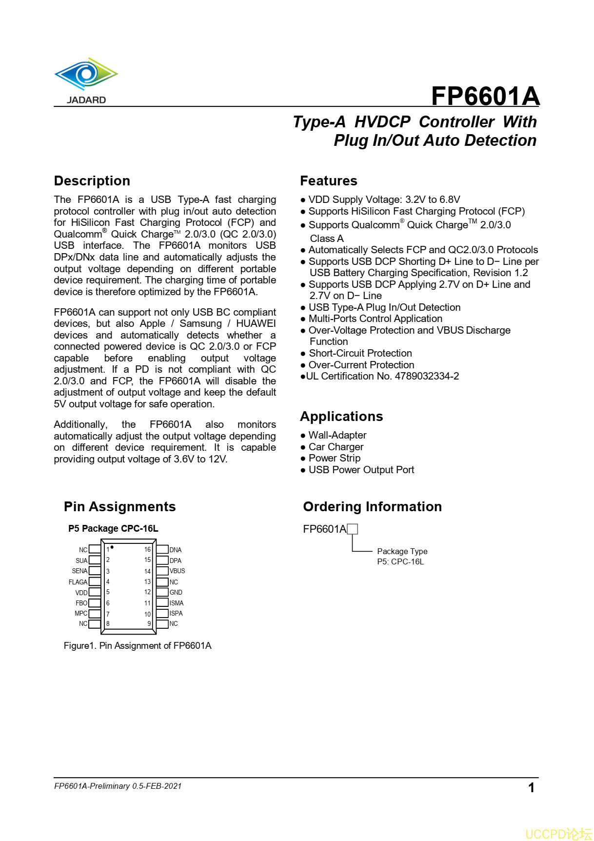 代理天鈺 FP6601AAP6芯片 Type-A HVDCP控製器和插入/輸齣自動檢測