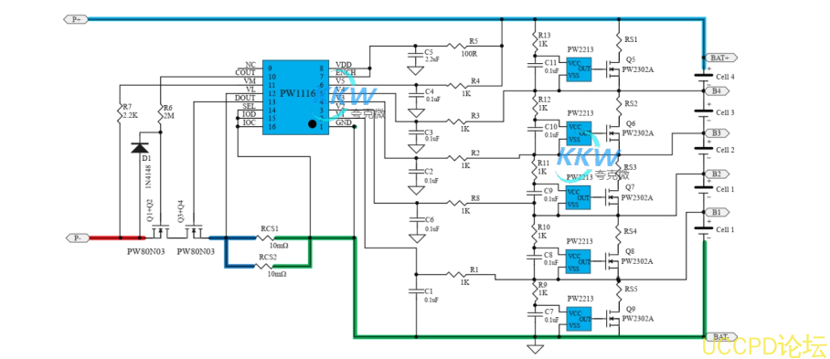 五节串联锂电池保护方案板， 20A 过流，带电池均衡电路